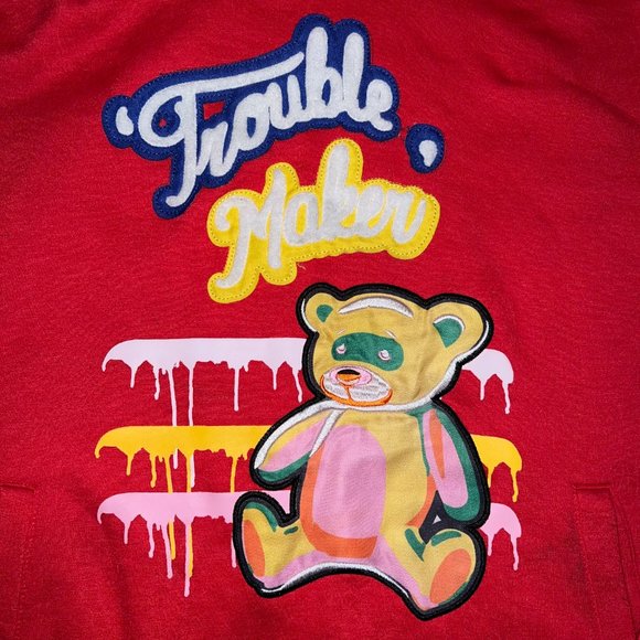 Bleecker & Mercer Men’s Hoodie Red Trouble Maker Embroidered Bear Size M Medium - Picture 3 of 7